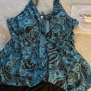 Yonique Blue Paisley v neck Swim tankini set with black swim shorts